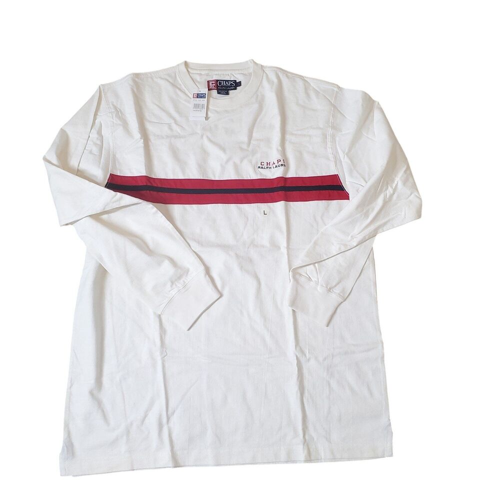Ralph Lauren Vintage 90s Mens Long Sleeve T-SHIRT White Red/Blue Sz L NEW